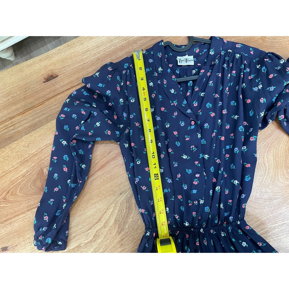 Vintage Tiger Flower Navy Blue Floral Midi Dress Elastic Waist Long Sleeve 80s - Picture 9 of 14